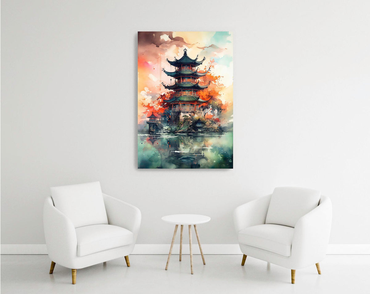 Watercolor Asian Pagoda Glass Wall Art in a modern interior