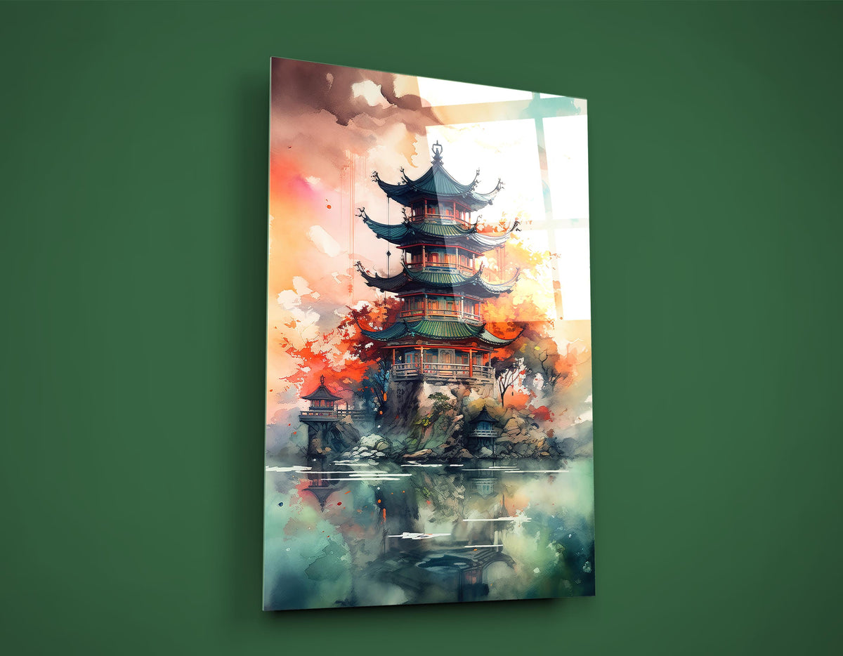Watercolor Asian Pagoda Glass Wall Art on the wall