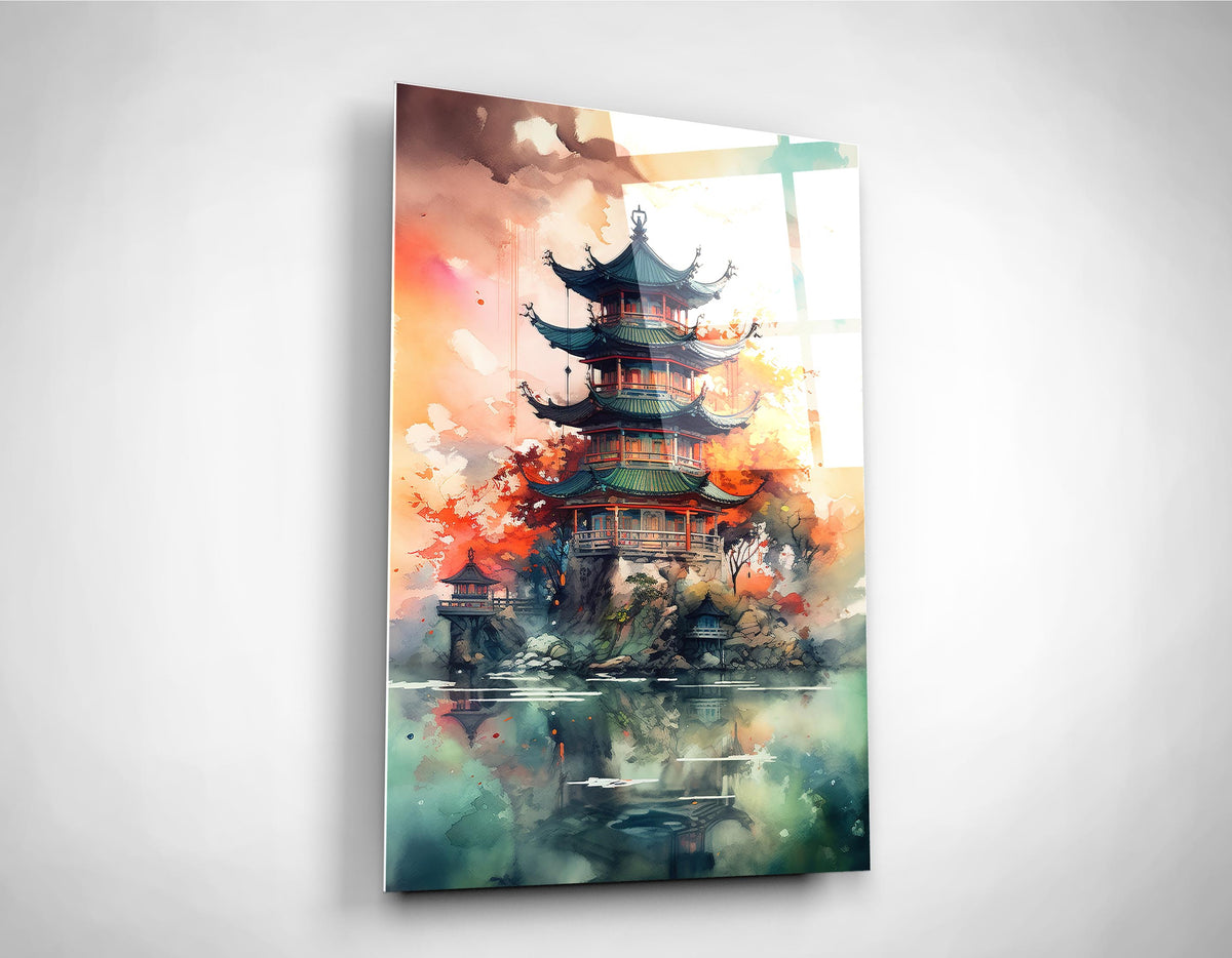 Watercolor Asian Pagoda Glass Wall Art close-up