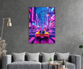 Neon City Night Drive Supercar Glass Wall Art in a living room interior
