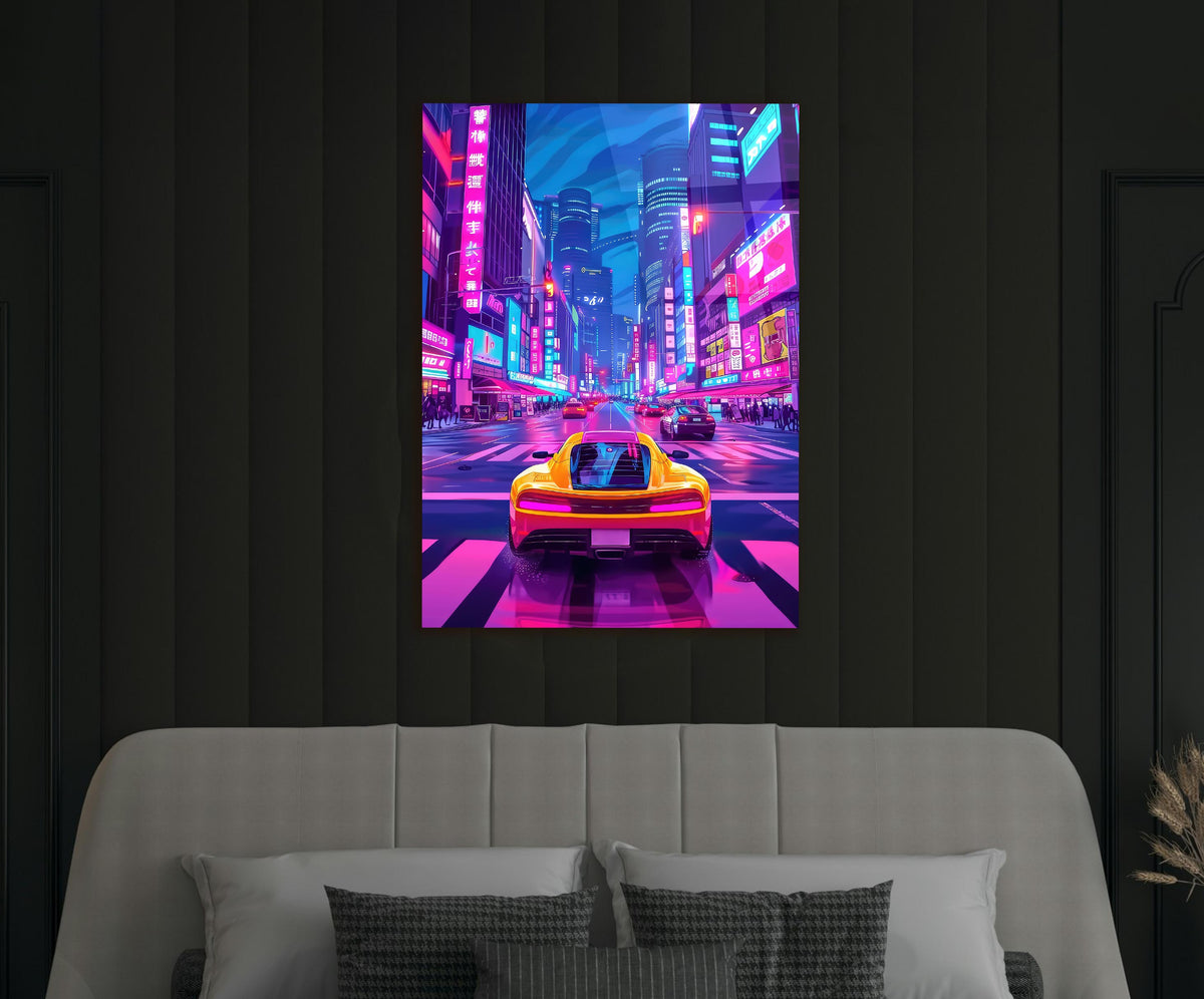 Neon City Night Drive Supercar Glass Wall Art in a modern interior