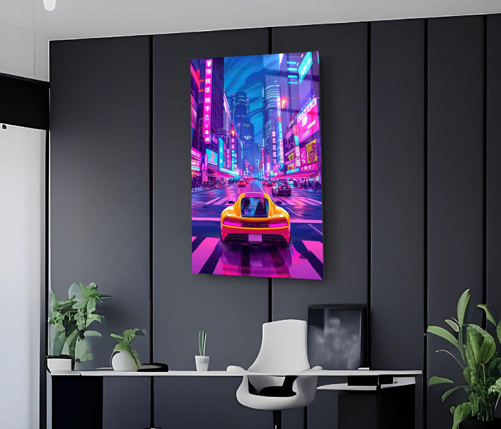 Neon City Night Drive Supercar Glass Wall Art on the wall