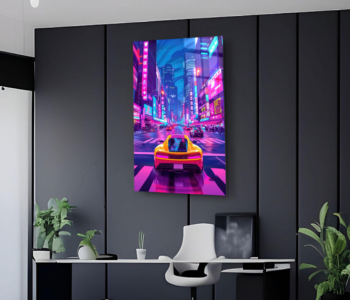 Neon City Night Drive Supercar Glass Wall Art on the wall