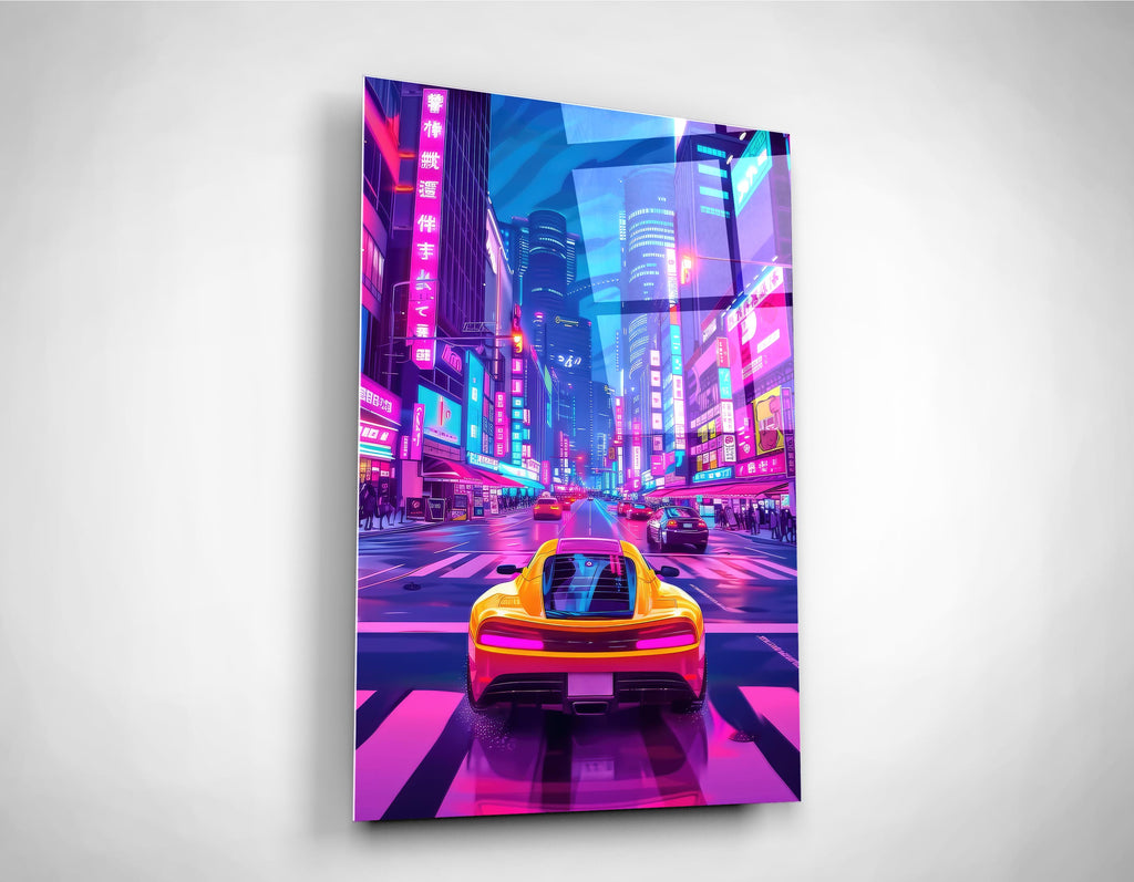 Neon City Night Drive Supercar Glass Wall Art close-up