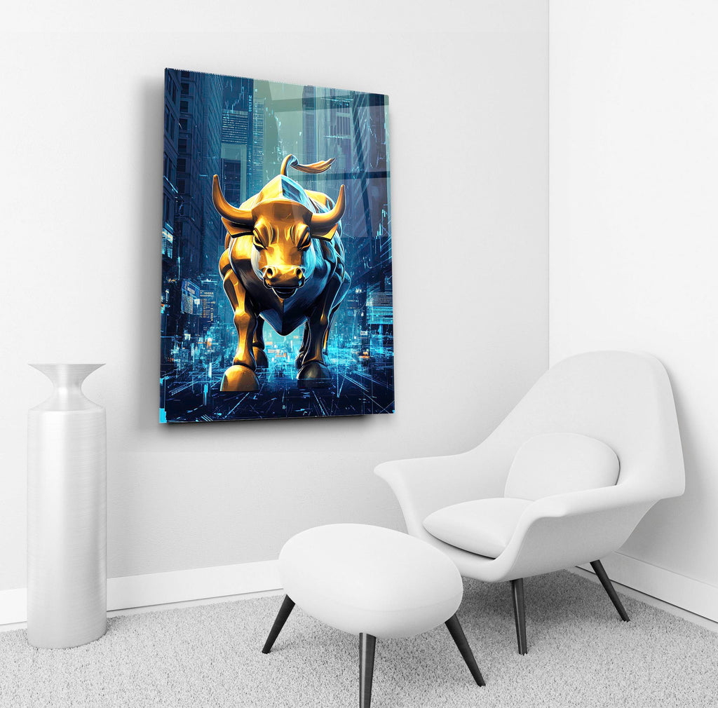 Golden Bull in Neon City Glass Wall Art in a living room interior