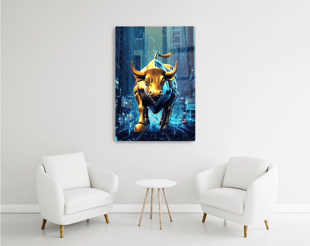 Golden Bull in Neon City Glass Wall Art in a modern interior