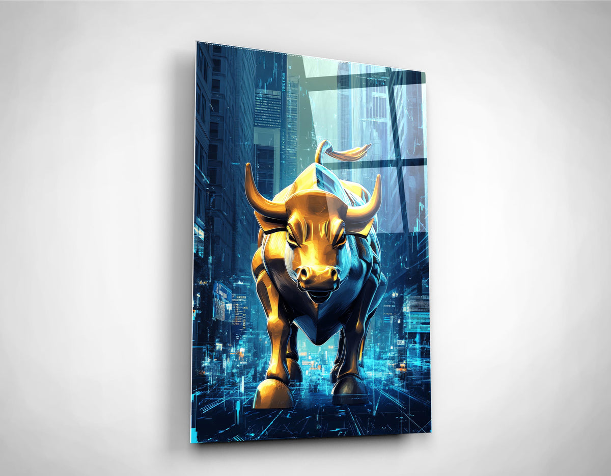 Golden Bull in Neon City Glass Wall Art on the wall