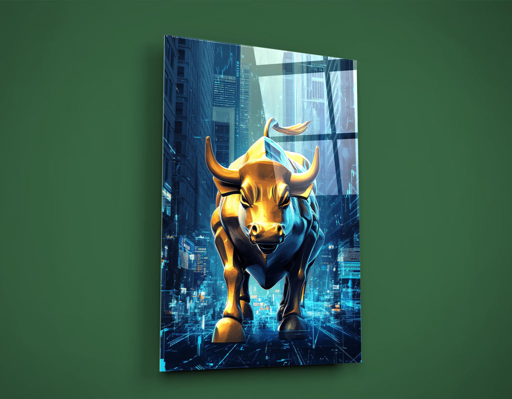 Golden Bull in Neon City Glass Wall Art close-up