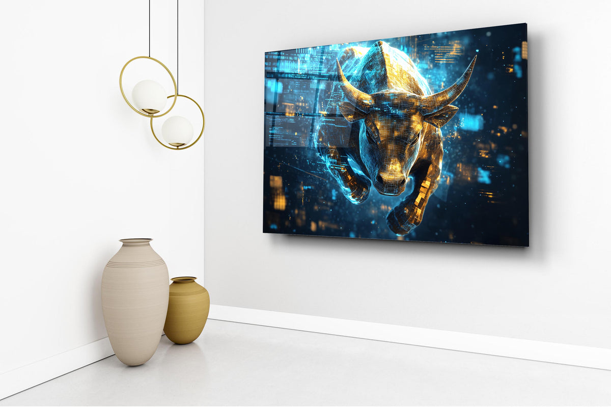 Golden Charging Bull Glass Wall Art in a living room interior