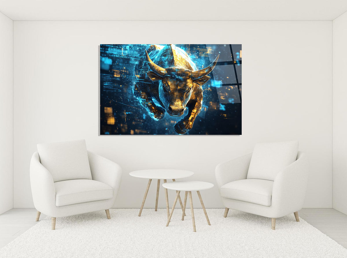 Golden Charging Bull Glass Wall Art in a modern interior