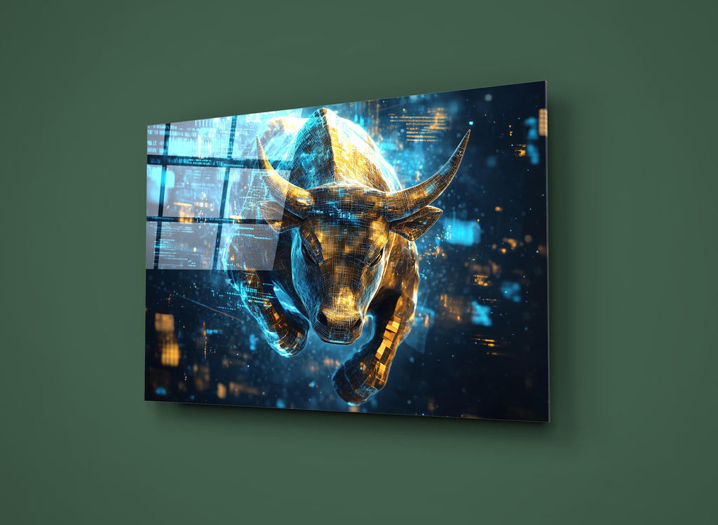 Golden Charging Bull Glass Wall Art on the wall