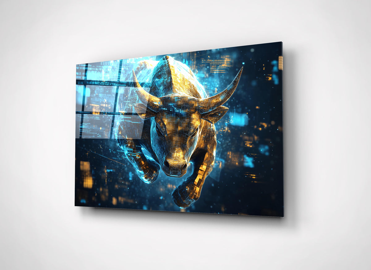Golden Charging Bull Glass Wall Art close-up