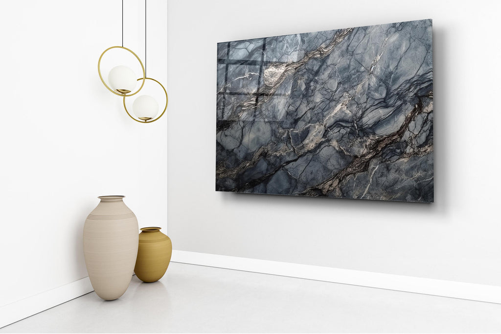 Gray Marble Texture Glass Wall Art in a living room interior