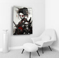 Skull Kimono Geisha Warrior Glass Wall Art in a living room interior