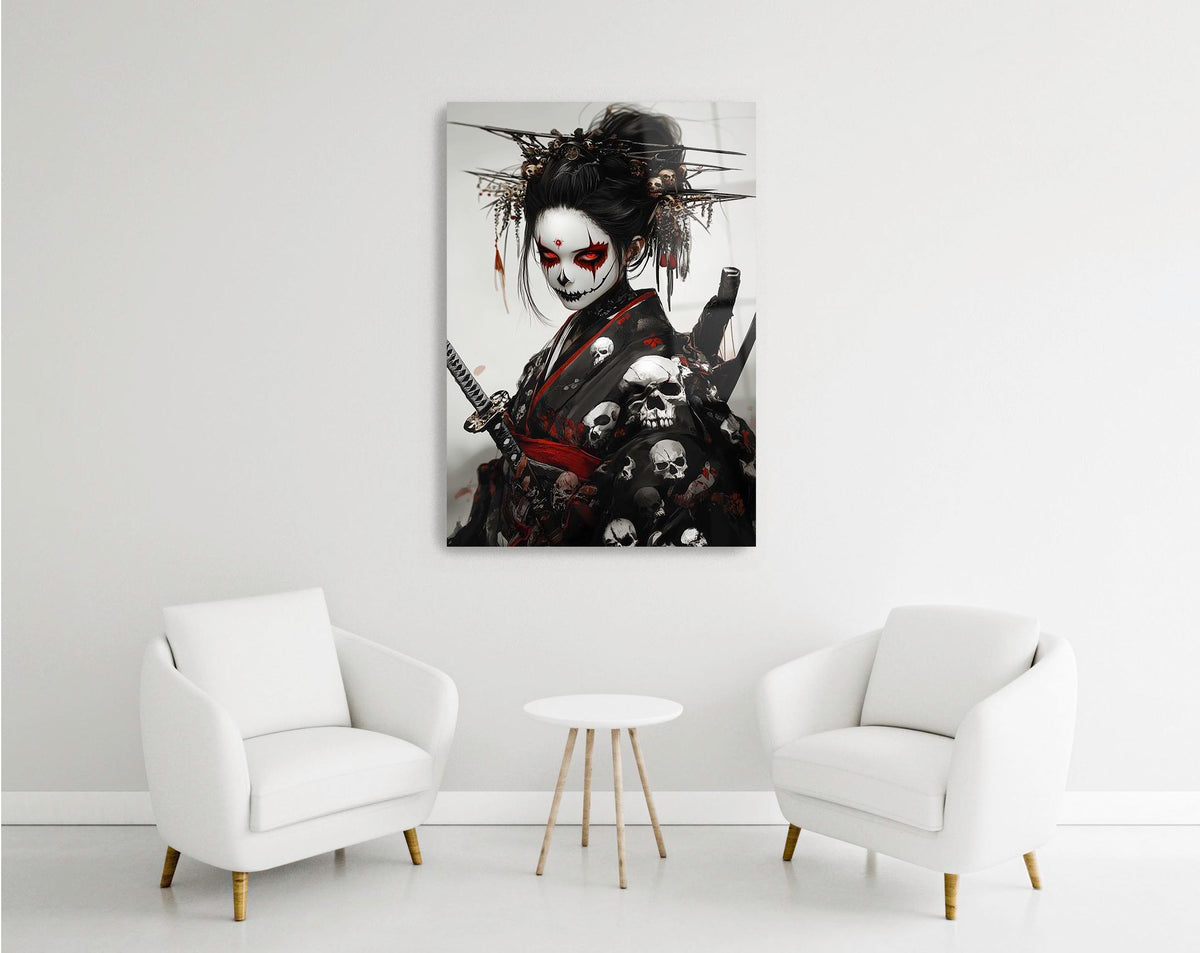Skull Kimono Geisha Warrior Glass Wall Art in a modern interior