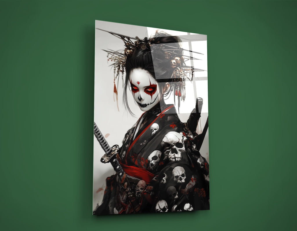 Skull Kimono Geisha Warrior Glass Wall Art on the wall
