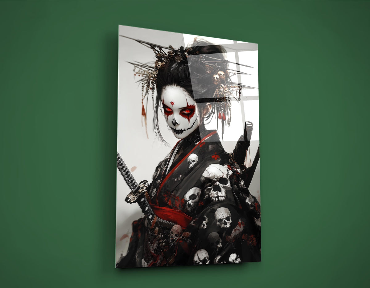 Skull Kimono Geisha Warrior Glass Wall Art on the wall