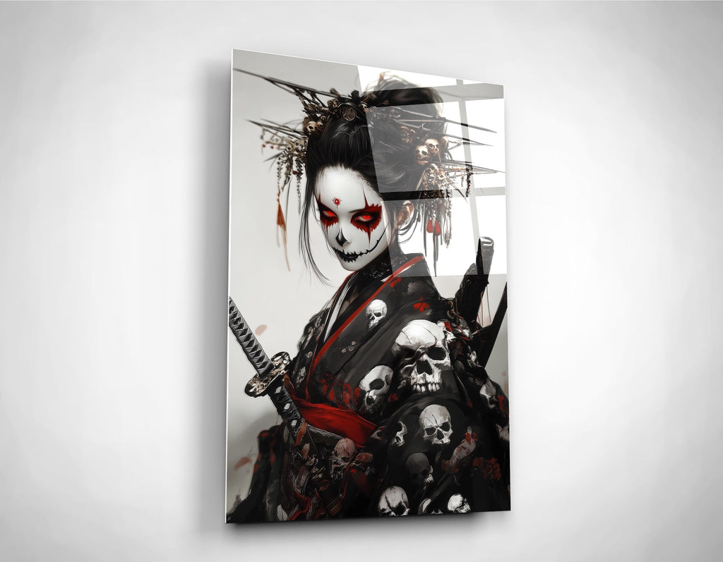 Skull Kimono Geisha Warrior Glass Wall Art close-up