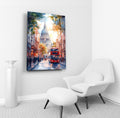 London St Paul's Cathedral and Red Bus Glass Wall Art in a living room interior