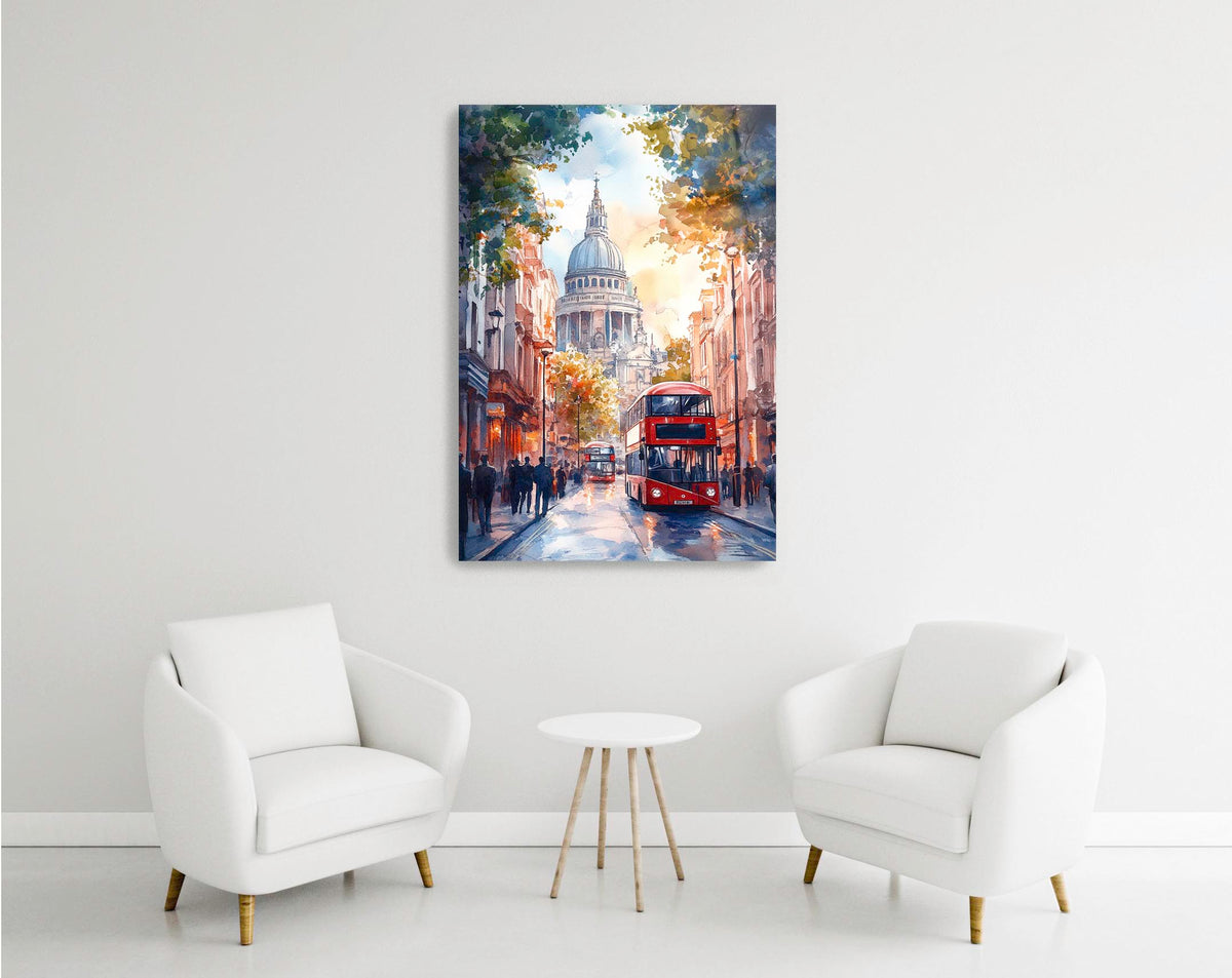 London St Paul's Cathedral and Red Bus Glass Wall Art in a modern interior