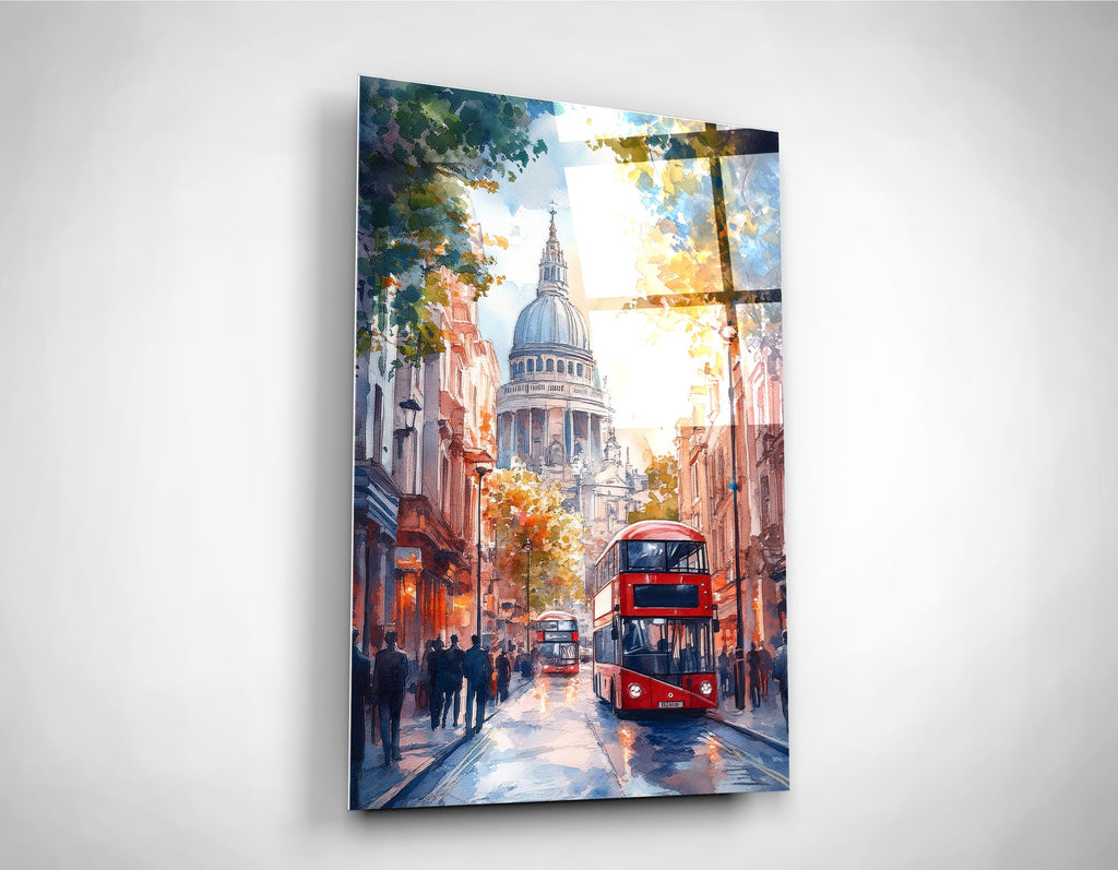 London St Paul's Cathedral and Red Bus Glass Wall Art on the wall