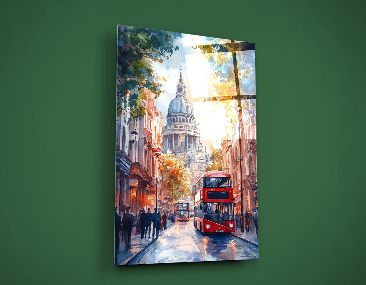 London St Paul's Cathedral and Red Bus Glass Wall Art close-up