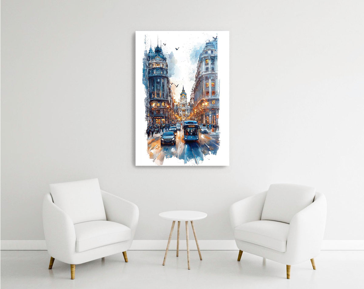 Watercolor European City Street Glass Wall Art in a modern interior