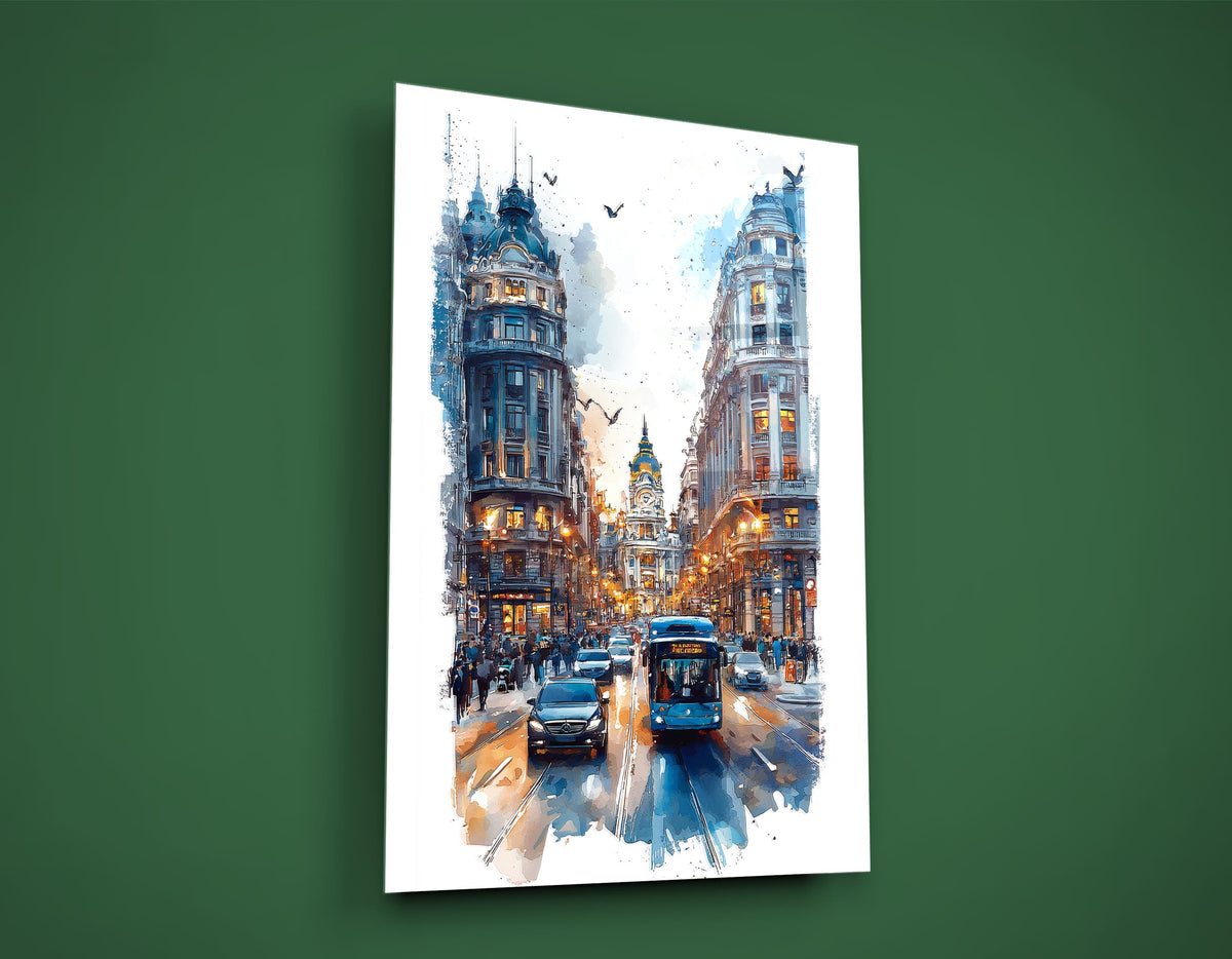 Watercolor European City Street Glass Wall Art on the wall