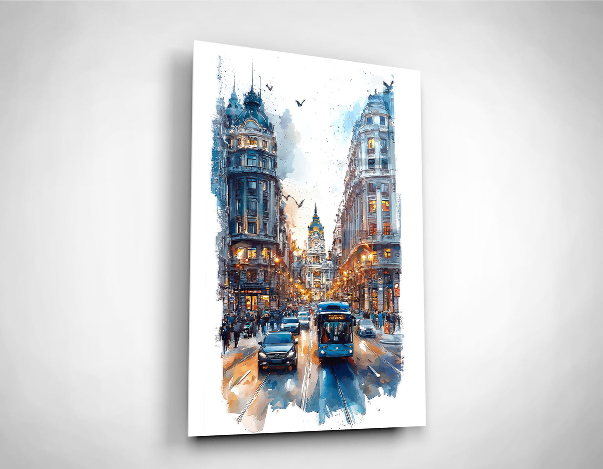 Watercolor European City Street Glass Wall Art close-up