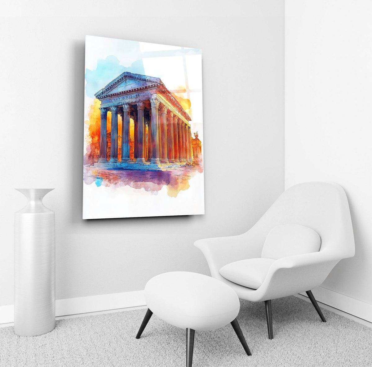 Watercolor Pantheon Rome Glass Wall Art in a living room interior