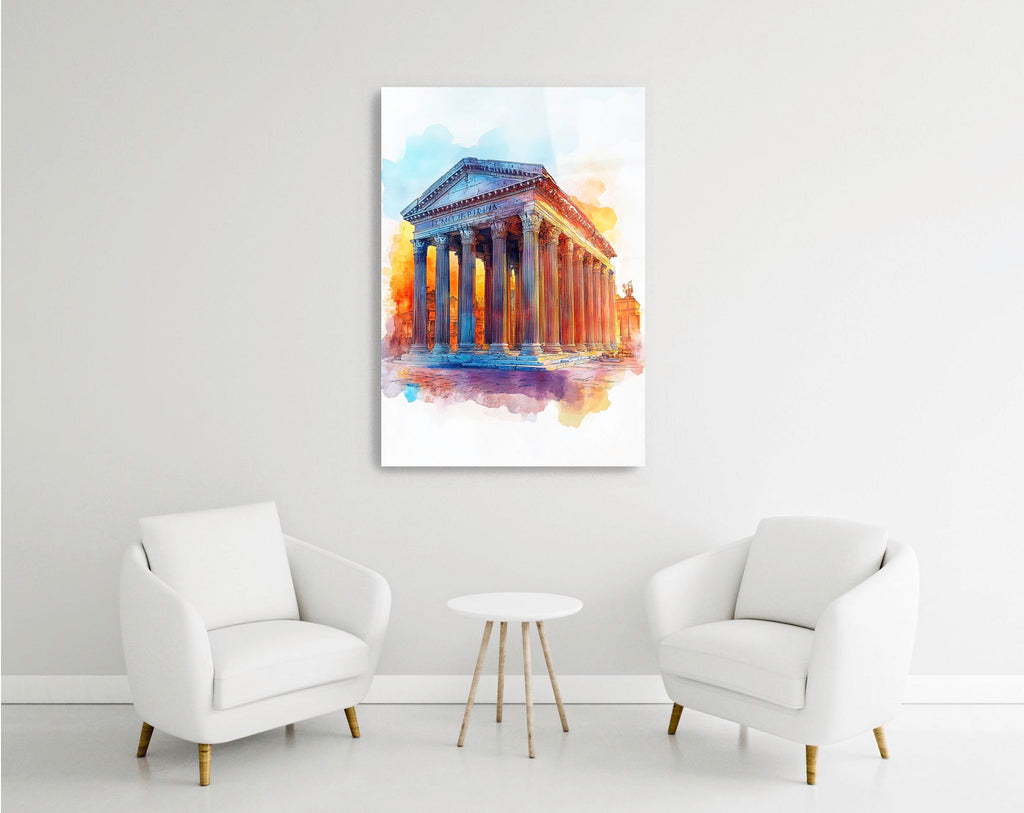 Watercolor Pantheon Rome Glass Wall Art in a modern interior