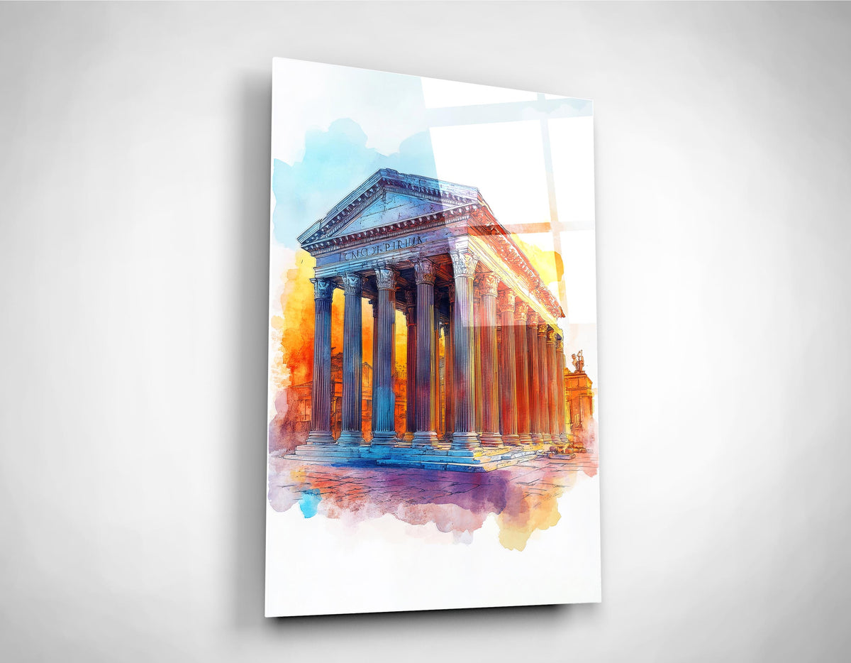 Watercolor Pantheon Rome Glass Wall Art on the wall