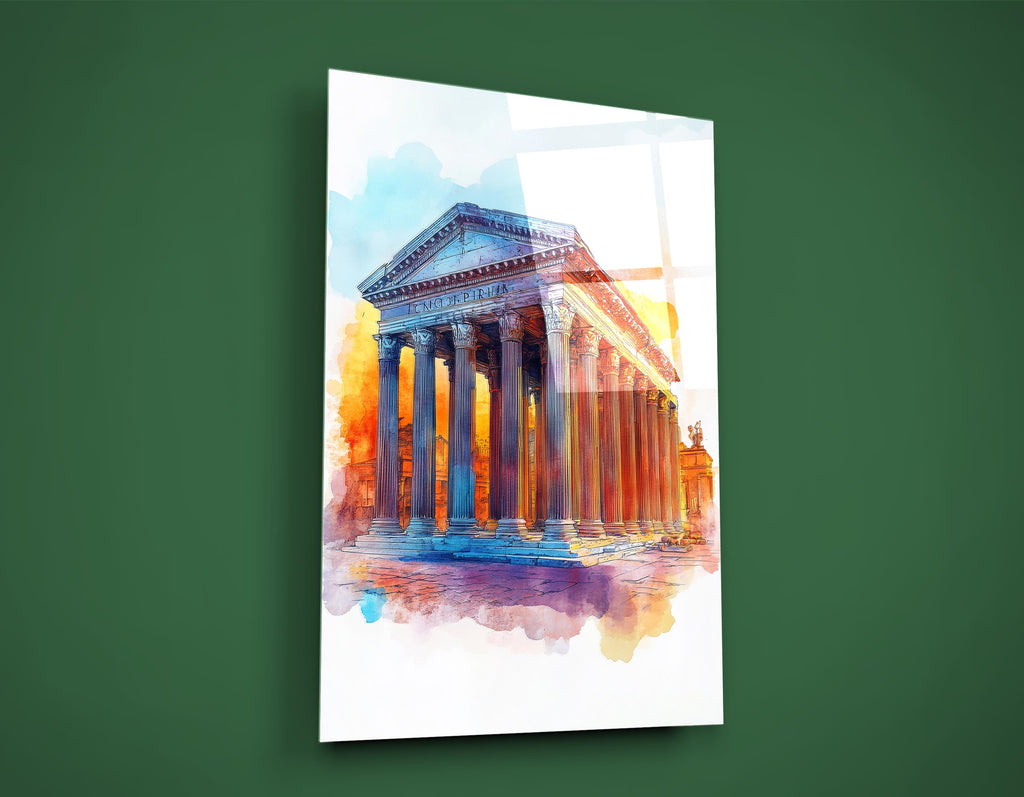 Watercolor Pantheon Rome Glass Wall Art close-up