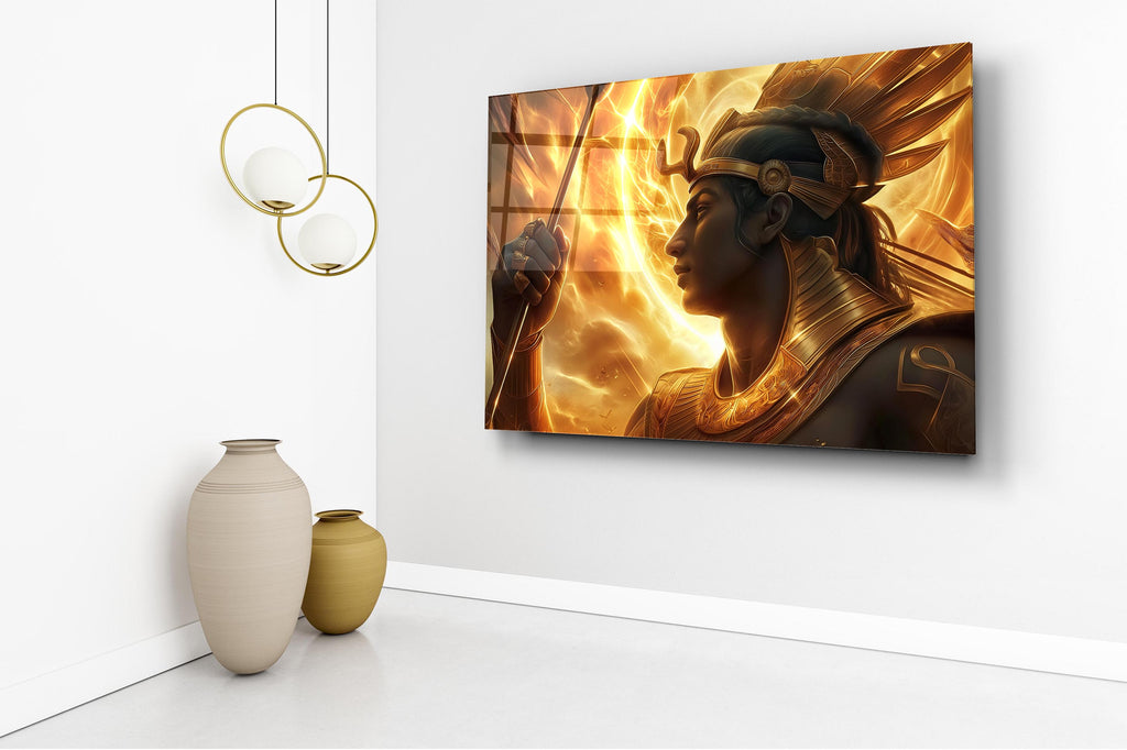Golden Egyptian Pharaoh Glass Wall Art in a living room interior