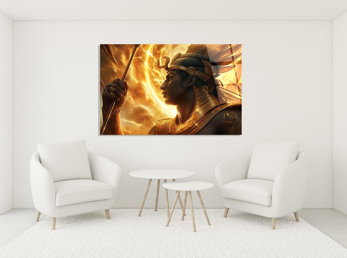 Golden Egyptian Pharaoh Glass Wall Art in a modern interior