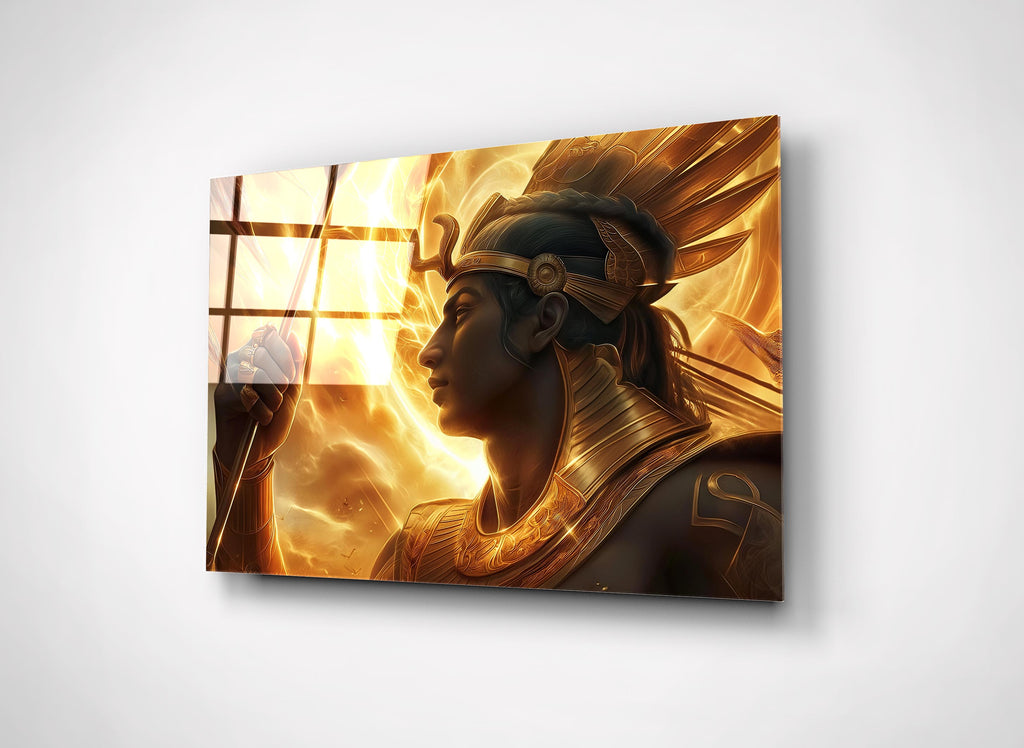 Golden Egyptian Pharaoh Glass Wall Art on the wall