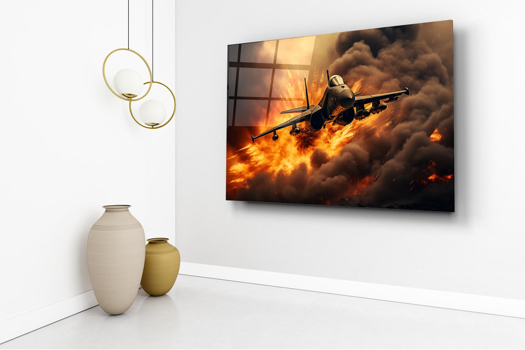 Fighter Jet Through Fire and Smoke Glass Wall Art in a living room interior