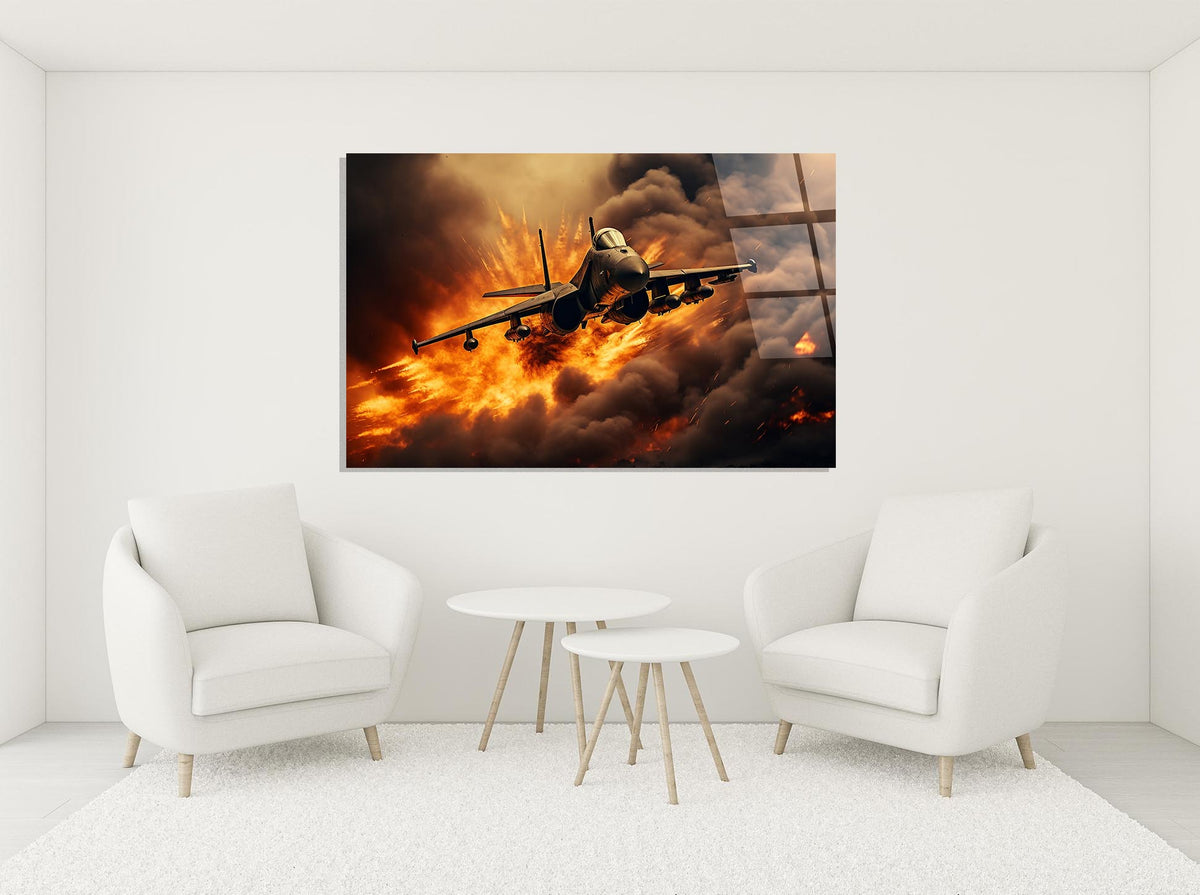 Fighter Jet Through Fire and Smoke Glass Wall Art in a modern interior