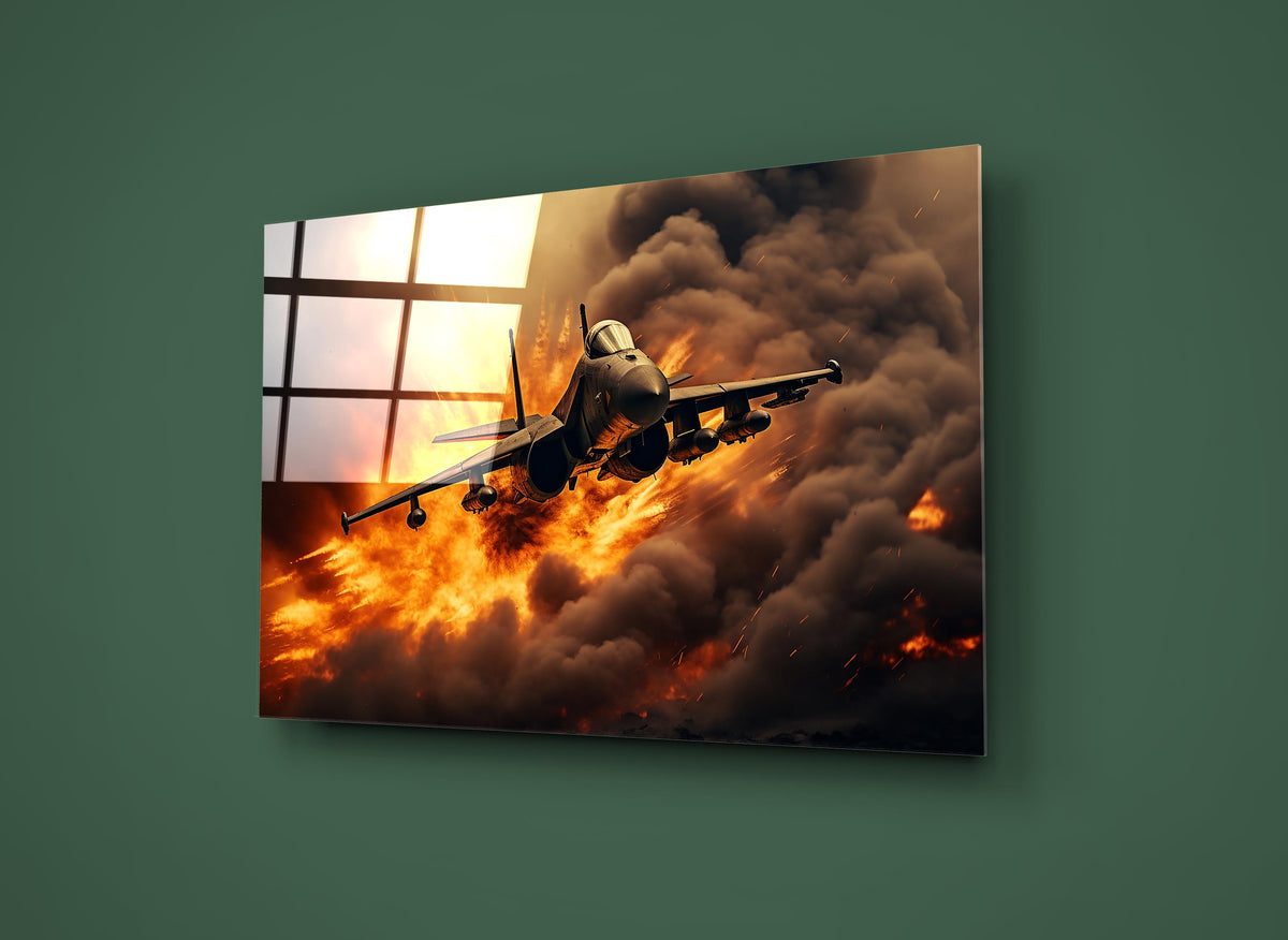Fighter Jet Through Fire and Smoke Glass Wall Art on the wall