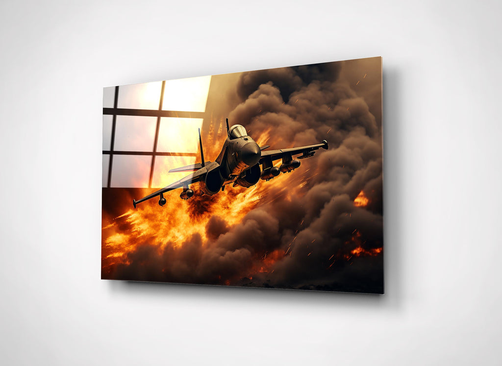 Fighter Jet Through Fire and Smoke Glass Wall Art close-up