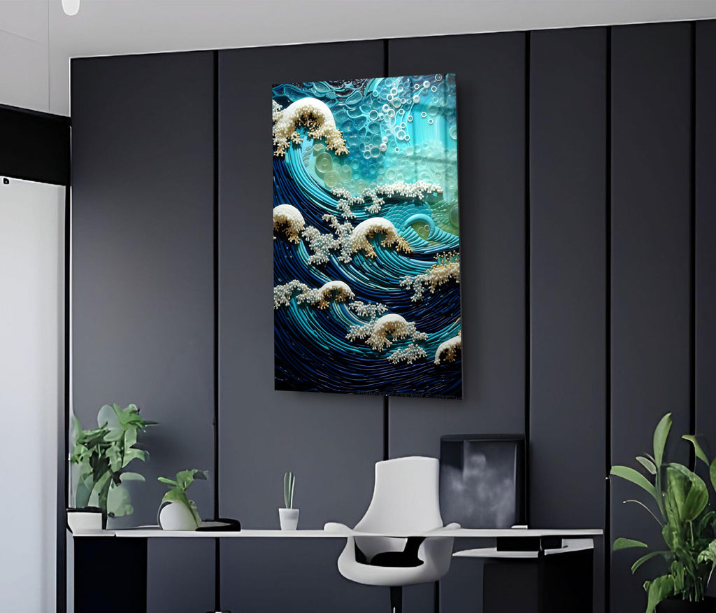 Turquoise Paper Quilled Ocean Waves Glass Wall Art in a living room interior