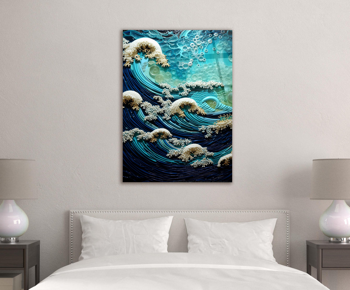 Turquoise Paper Quilled Ocean Waves Glass Wall Art in a modern interior