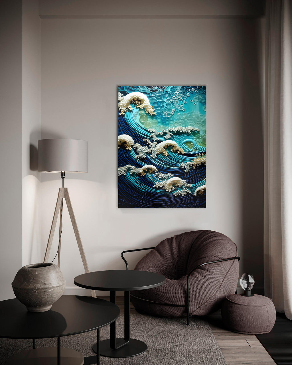 Turquoise Paper Quilled Ocean Waves Glass Wall Art on the wall
