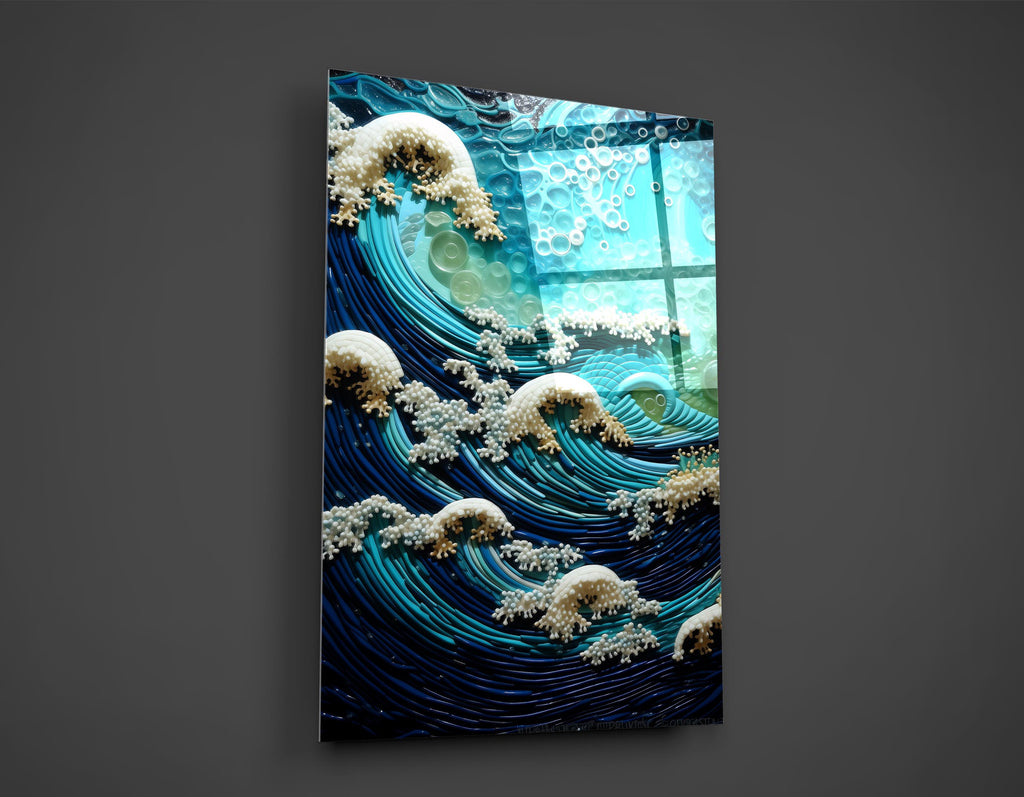 Turquoise Paper Quilled Ocean Waves Glass Wall Art close-up