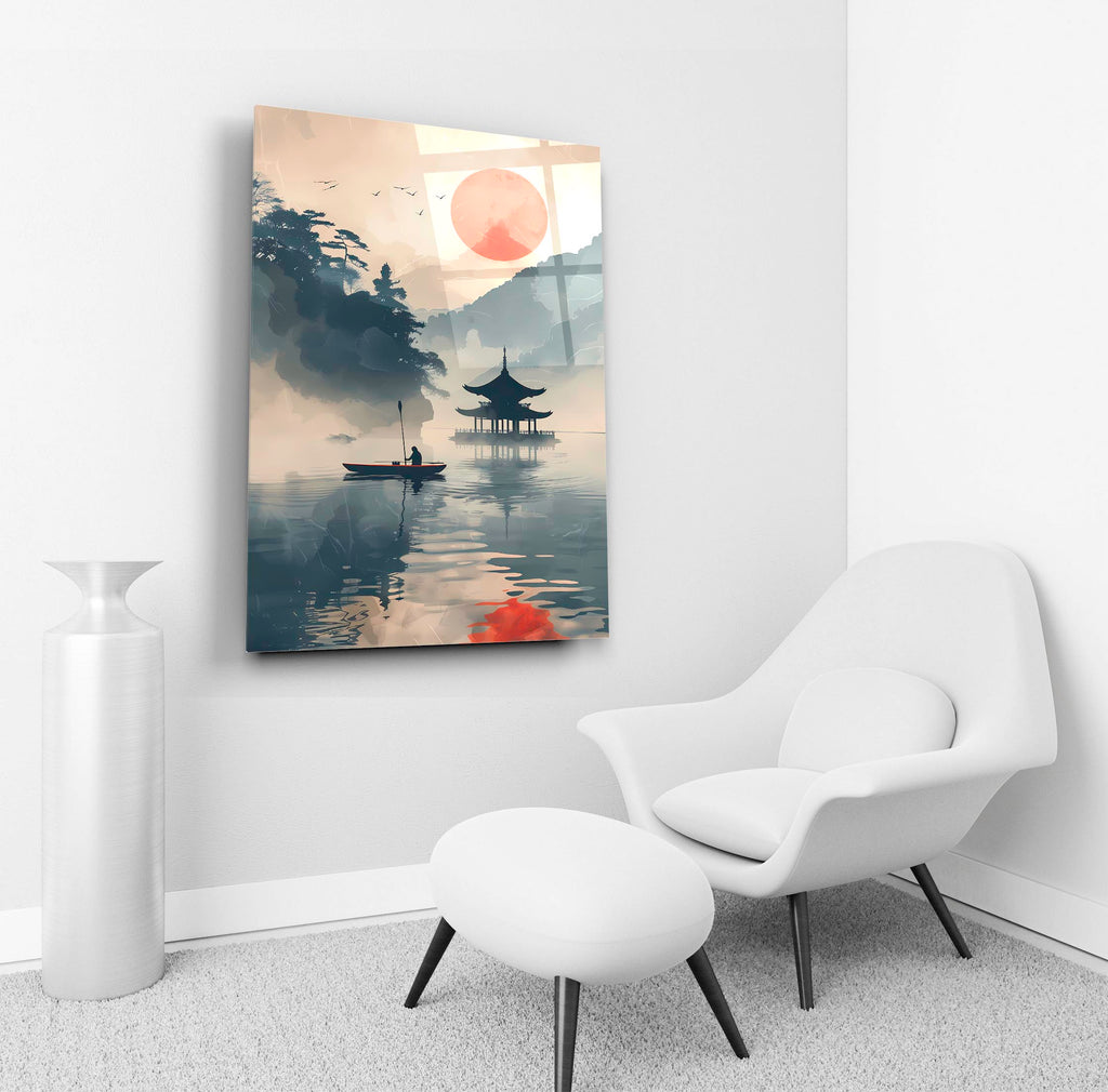 Pagoda Lake Ink Landscape Glass Wall Art in a living room interior