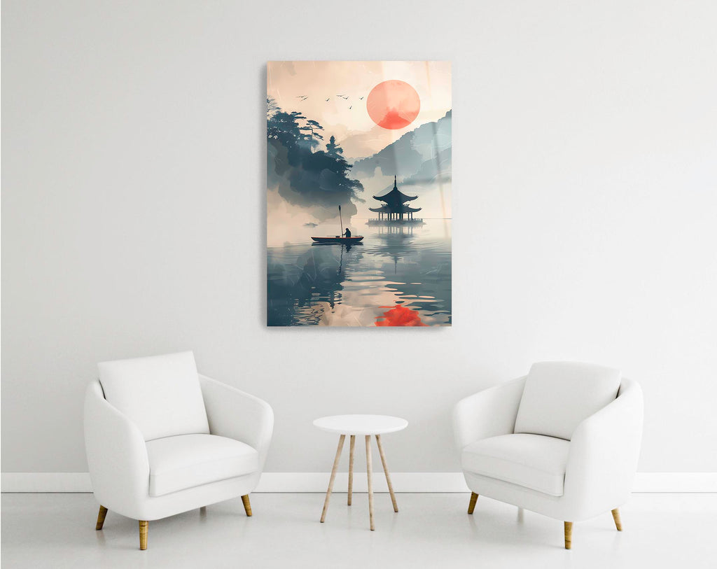 Pagoda Lake Ink Landscape Glass Wall Art in a modern interior