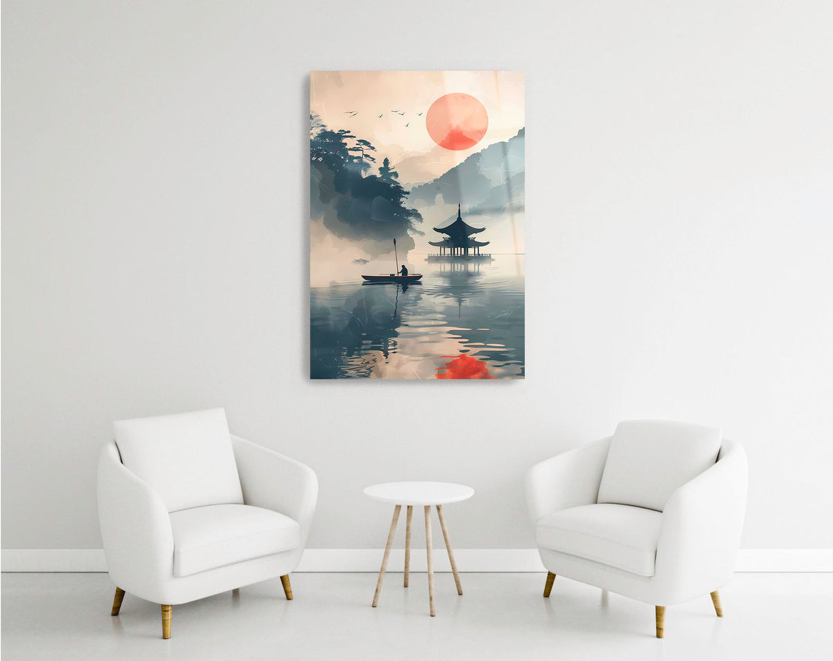 Pagoda Lake Ink Landscape Glass Wall Art in a modern interior