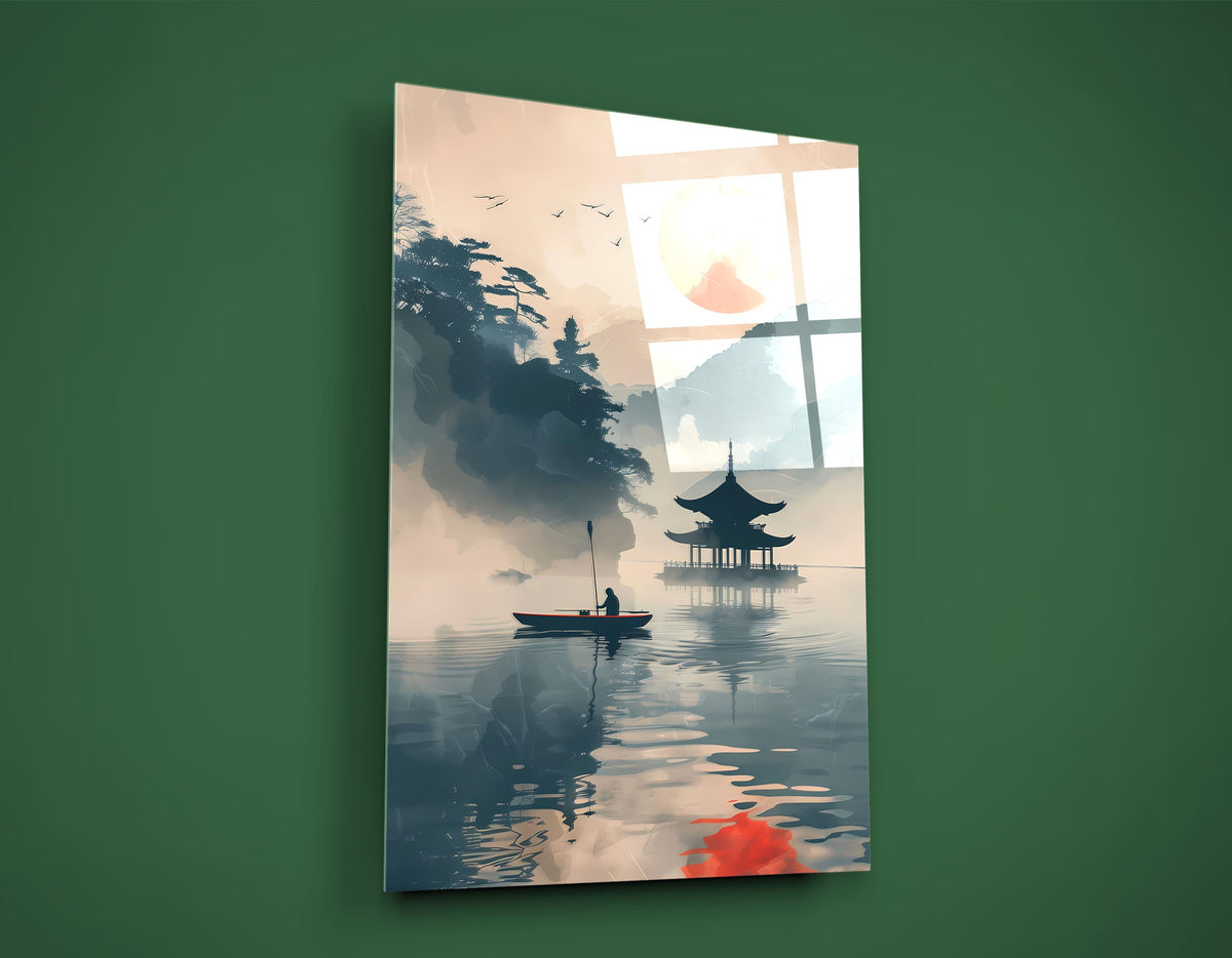 Pagoda Lake Ink Landscape Glass Wall Art on the wall