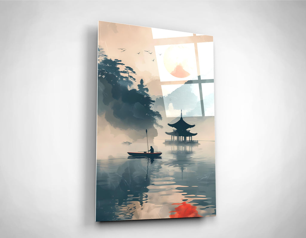 Pagoda Lake Ink Landscape Glass Wall Art close-up