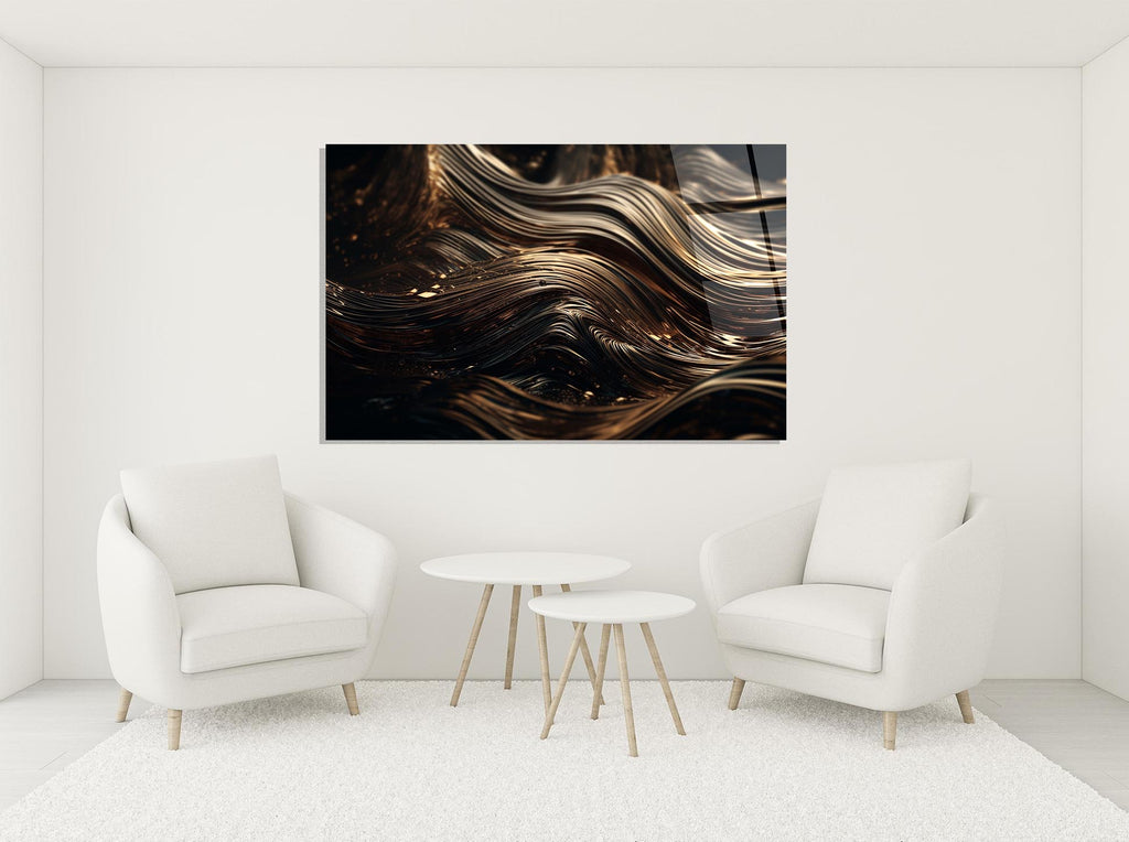 Bronze Liquid Waves Abstract Glass Wall Art in a modern interior